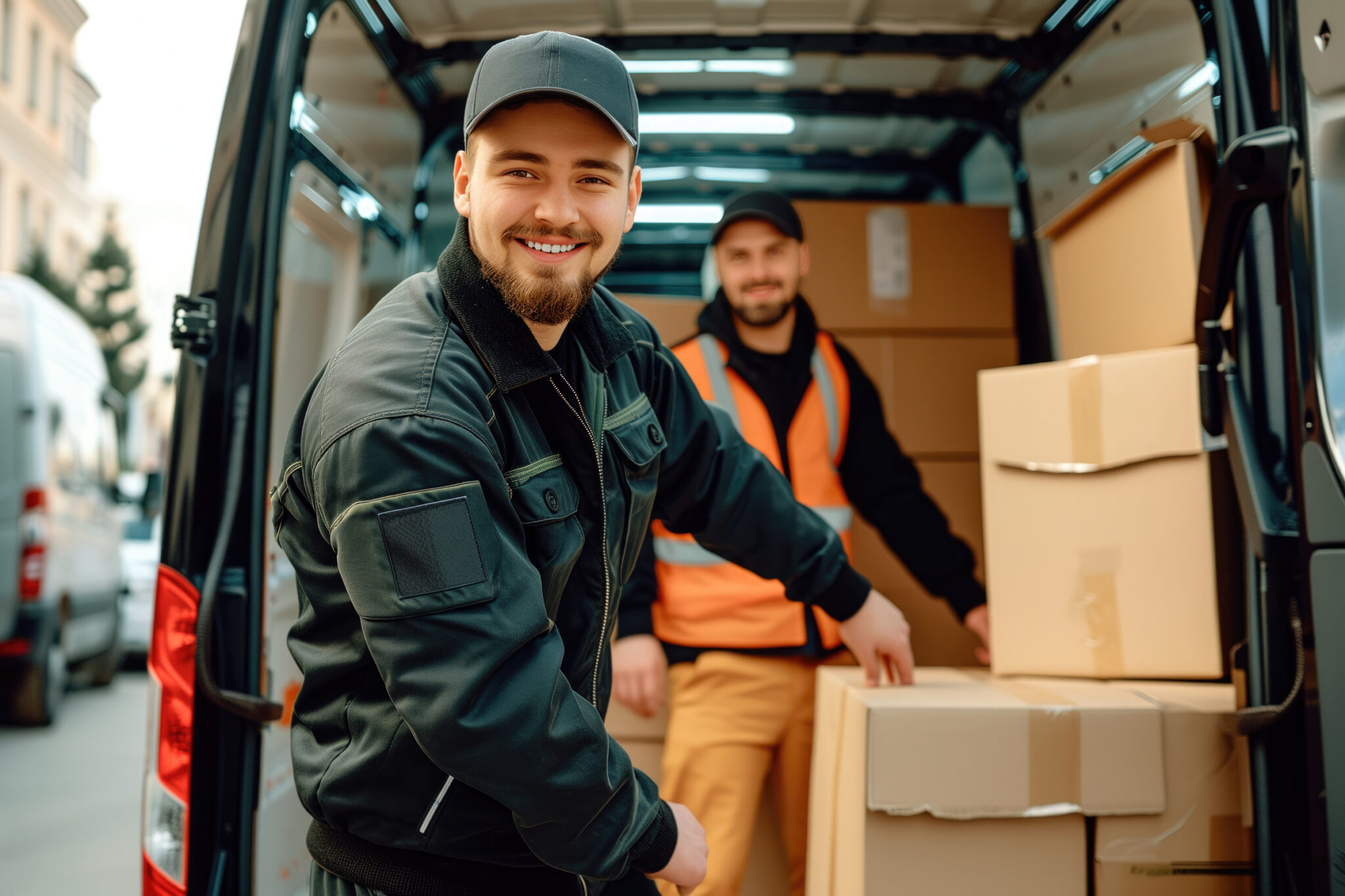 workers unloading boxes from a van outdoors. Moving, mover servi