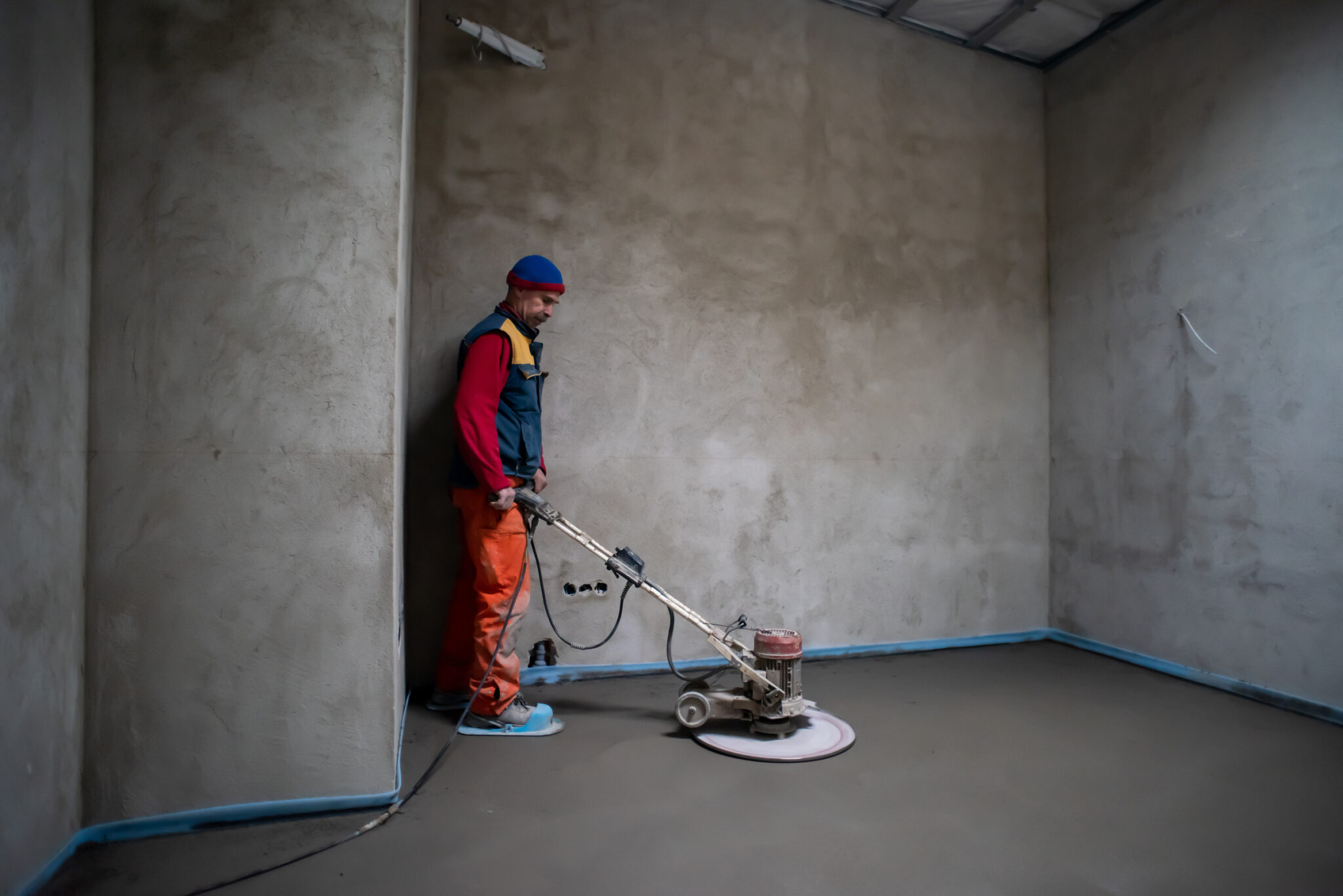 Laborer performing and polishing sand and cement screed floor on the construction site of a new two-level apartment. Sand and cement floor screed