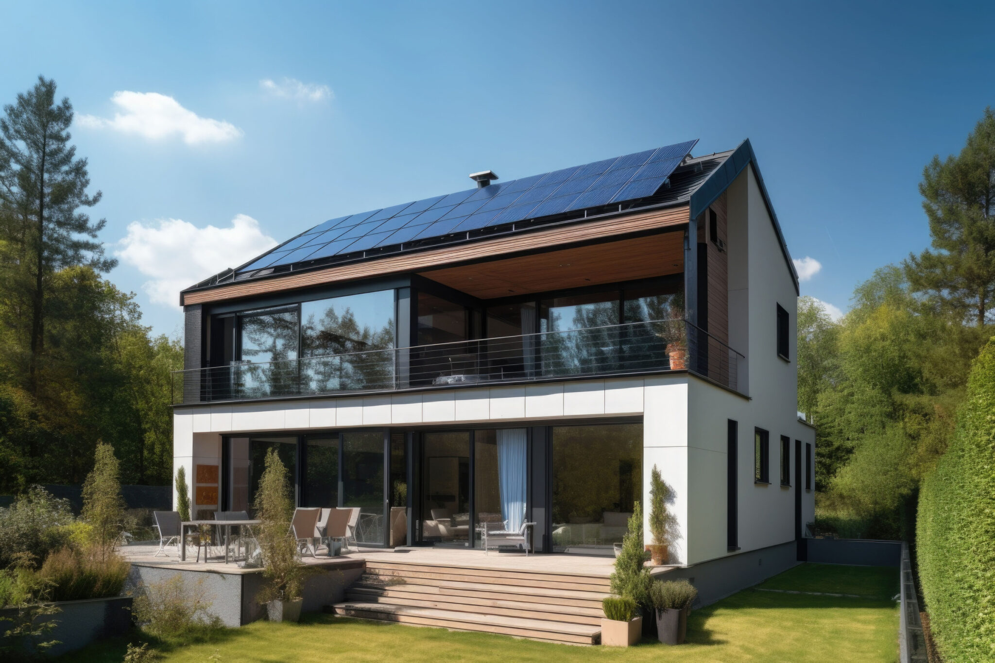 Solar panels on a gable roof. Beautiful, large modern house and solar energy. Generative AI illustration